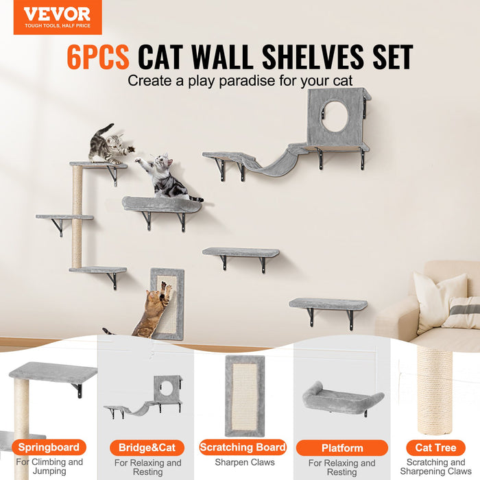 Wall Mounted Cat Shelves Tree With Jump Boards Hammock Sofa Grip Set Of 6